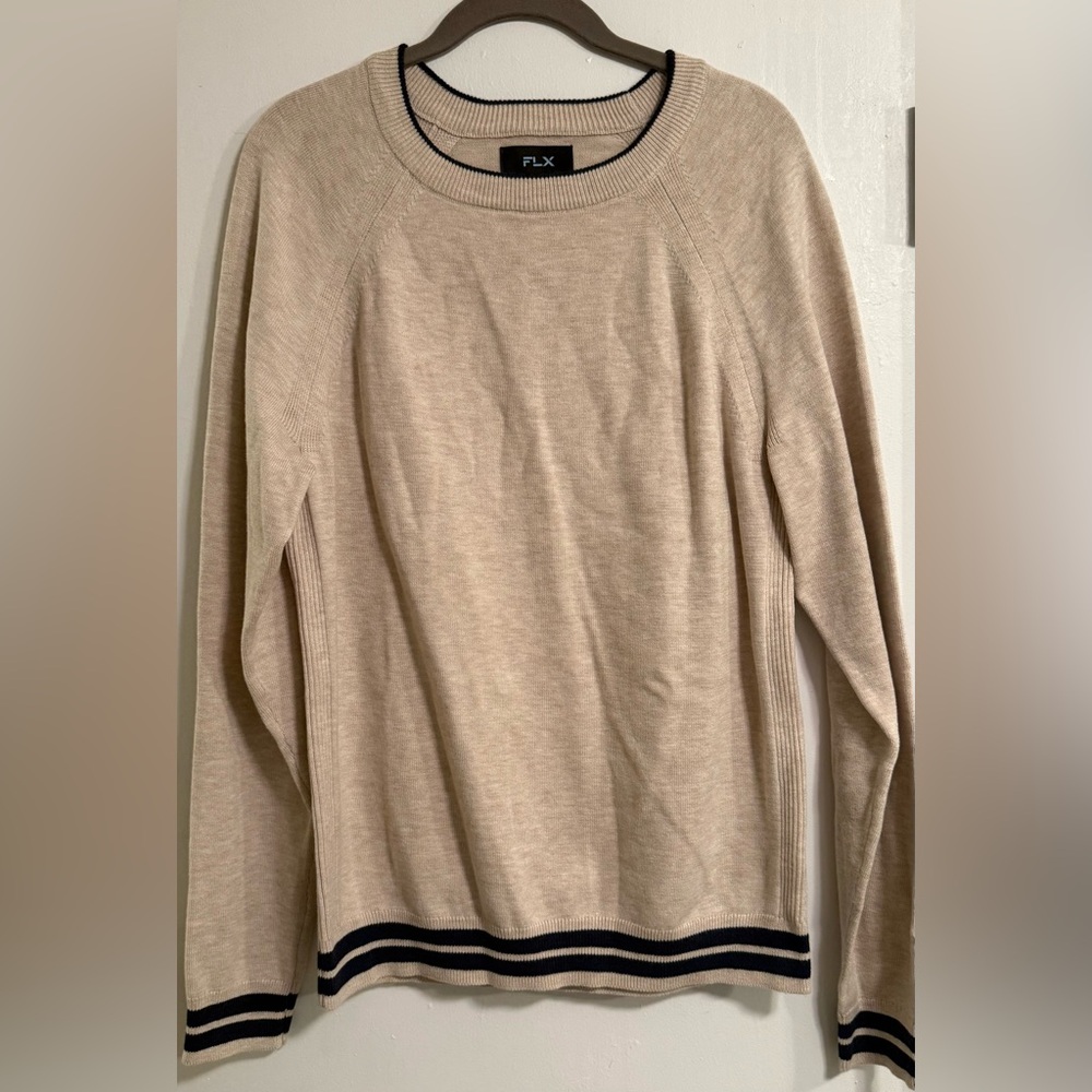 FLX Men’s Lightweight Knit Sweater • Oatmeal/Tan with Navy Trim • Size M